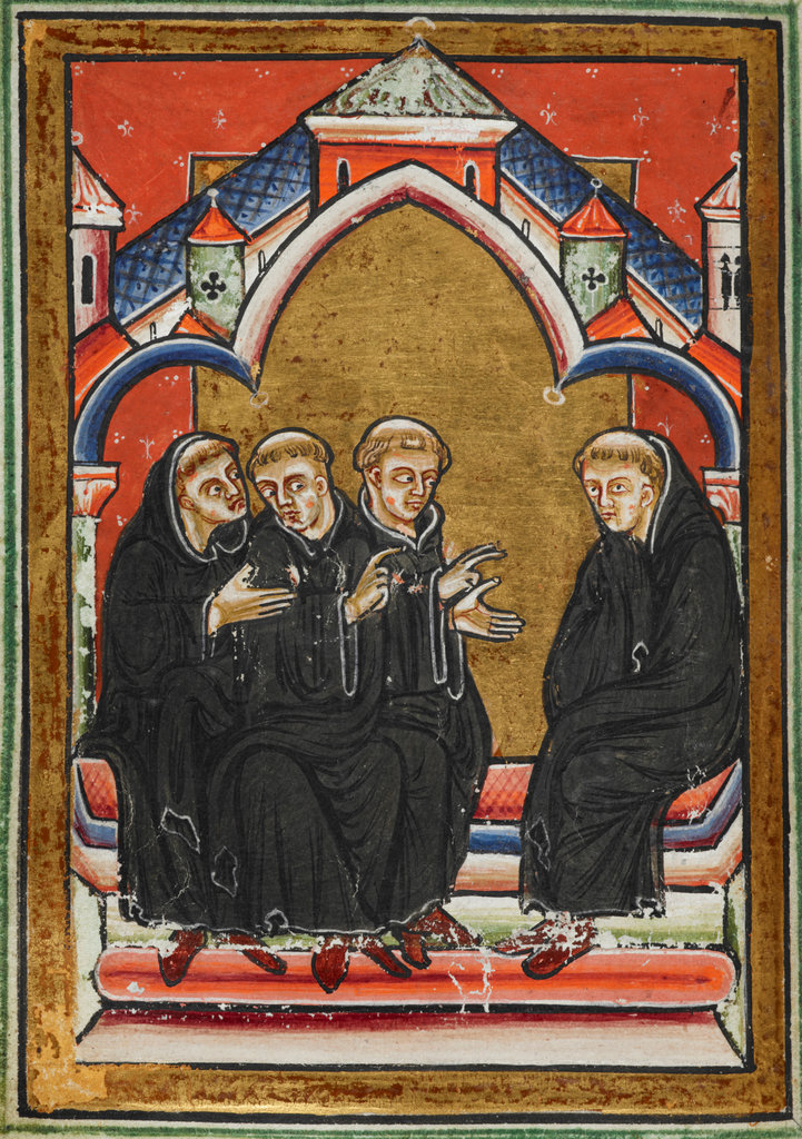 Munke opfordrer St. Cuthbert til at acceptere bispesædet i Lindisfarne. Prose Life of St. Cuthbert; extracts from the Historia Ecclesiastica (History of the English Church and People). Durham; sidste fjerdedel af 1100-tallet. Kredit: Fra British Library arkiv, Yates Thompson 26 f.35v.
